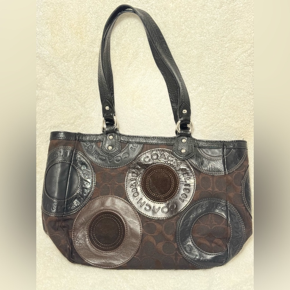 COACH Purse - Circle Patchwork East West Black Brown LOGO Handbag